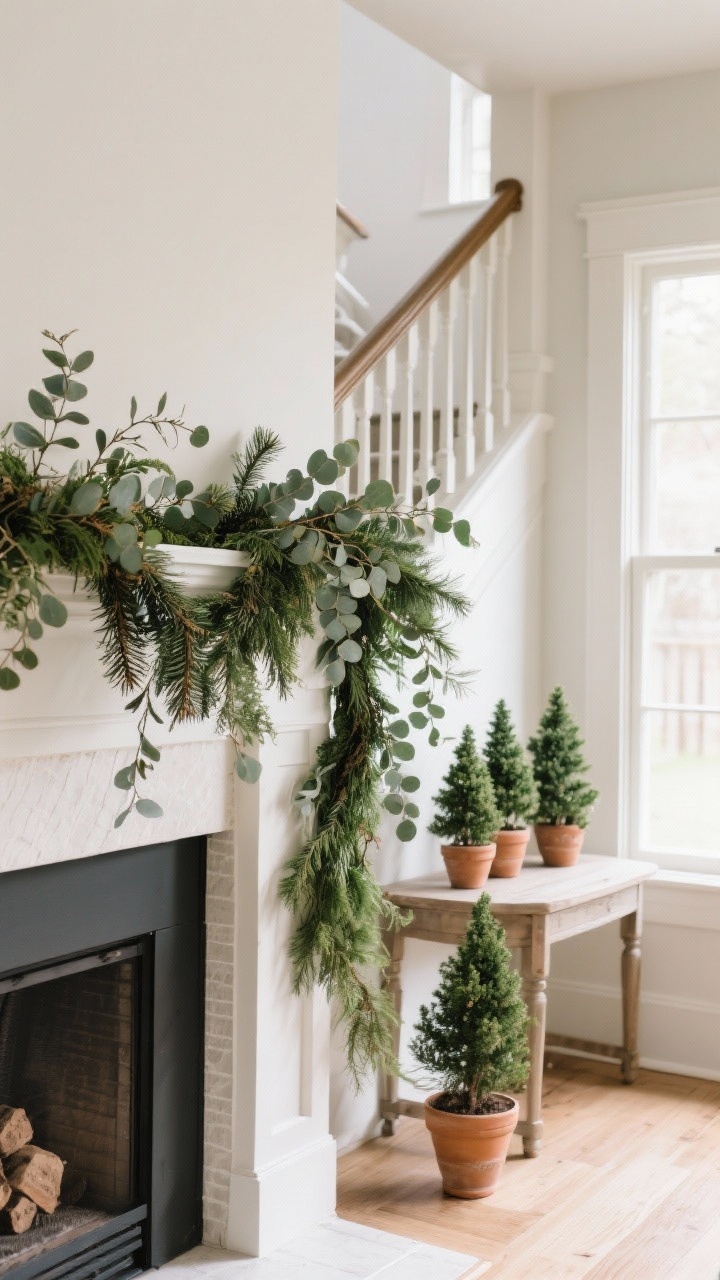A medium corner angle of a mantel and stair rail adorned with natural greenery: cedar and pine garlands draped softly, eucalyptus stems tucked in for wispy movement. Nearby, a cluster of mini trees in clay pots on an entry table. Natural daylight emphasizes the lush but understated greens; no glitter, just organic texture.