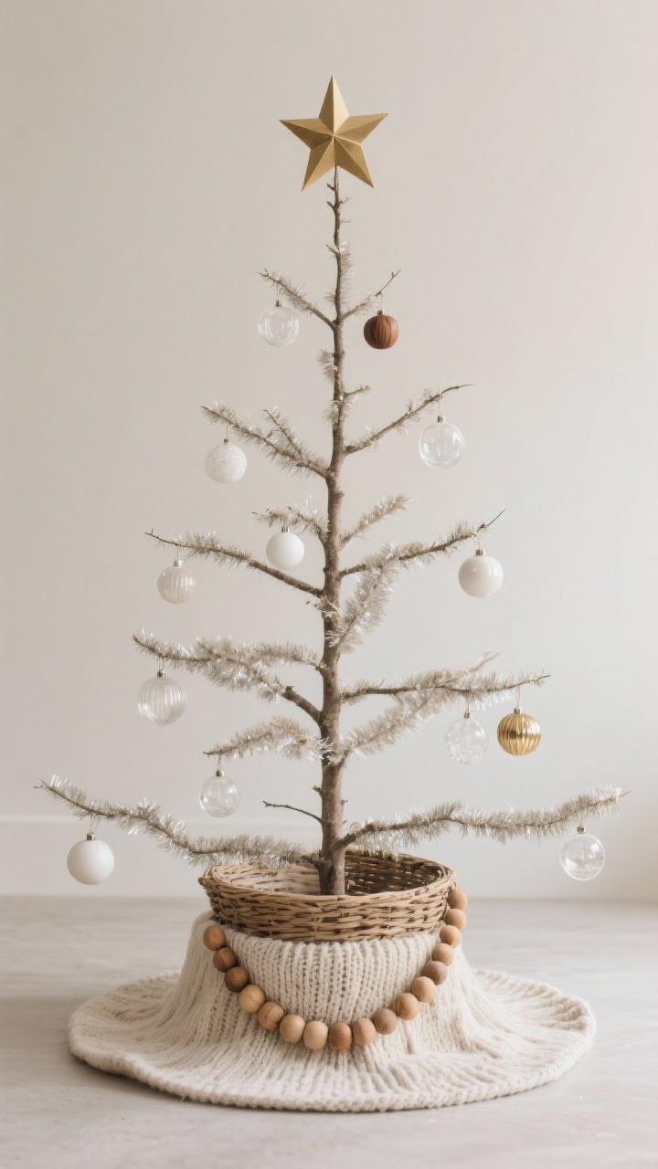 A medium shot of a simple, sculptural neutral Christmas tree: branches visible with negative space, a knitted linen tree skirt or woven basket collar at the base, ornaments in clear glass, white, wood, and champagne, wood bead garland replacing tinsel, and a minimalist brushed brass or paper star topper. Soft, balanced lighting.