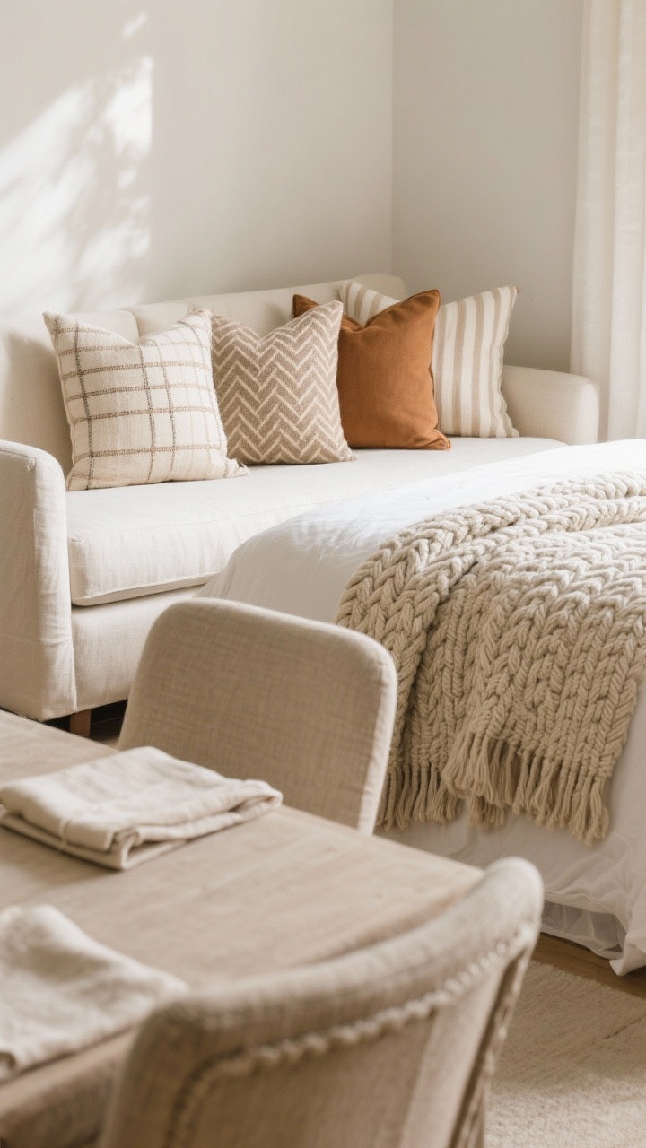 A medium shot of a sofa and bed corner emphasizing cozy neutral textiles: ivory, oatmeal, mushroom, and caramel pillow covers in herringbone, windowpane, cable knit, and tone-on-tone stripes. A chunky throw layered at the foot of the bed. On a dining chair, natural linen napkins with a satin edge suggest quiet luxury. Soft morning light to highlight weave and pattern.