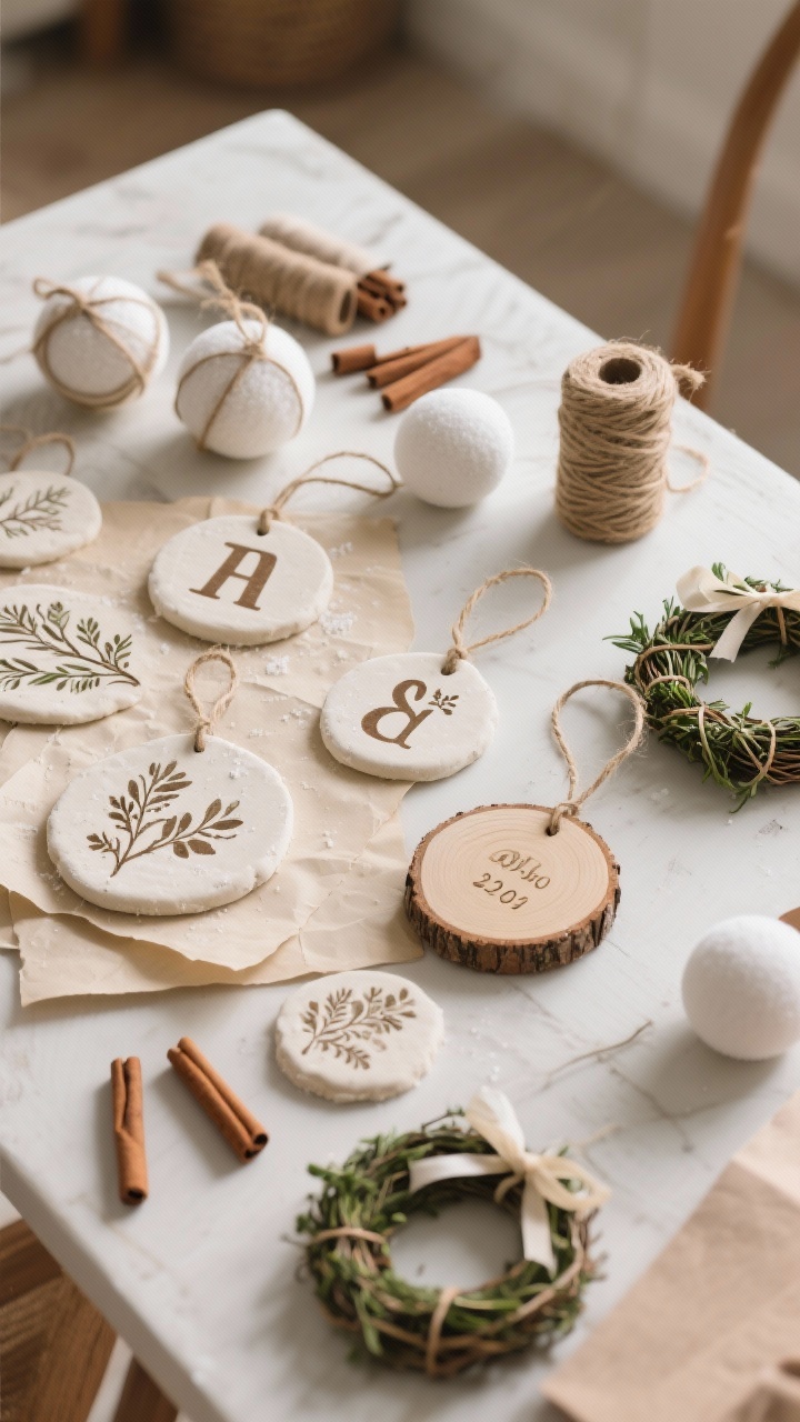 A photorealistic closeup craft table scene of DIY natural ornaments: salt-dough ornaments stamped with botanicals and letters drying on parchment, twine-wrapped foam balls, wood slice ornaments hand-painted with initials and dates, and mini wreaths made from wired greens with ribbon; scattered cinnamon sticks and twine spools; soft indoor light, shallow depth of field; overhead detail shot.