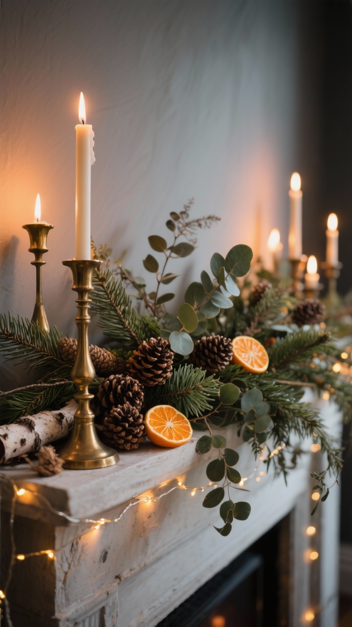A photorealistic closeup detail of a foraged mantel: loose, wild arrangement of evergreen clippings, eucalyptus sprigs, and dried orange slices layered over the edge; pinecones and bits of birch bark tucked in; a strand of warm fairy lights woven through; vintage brass candlesticks in varying heights glowing softly; moody, warm evening lighting; shot from a slight side angle to show depth and texture.