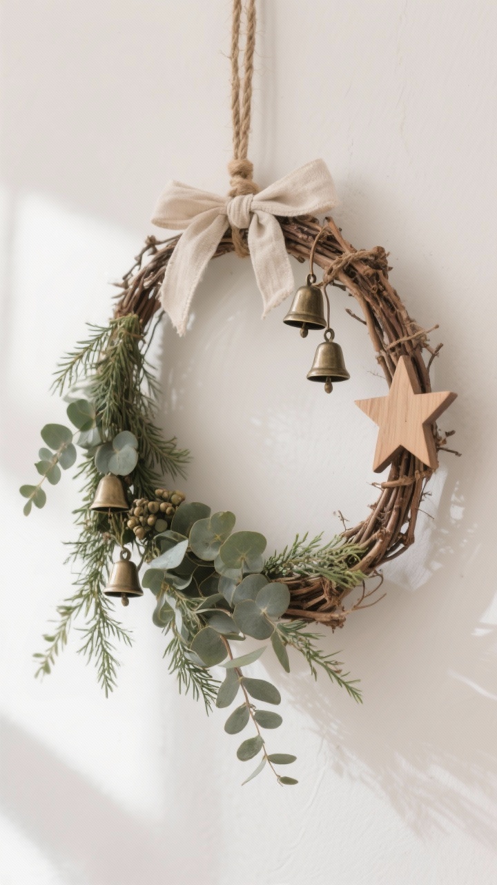 A photorealistic closeup of a minimal rustic wreath on a light wall: grapevine base with cedar and eucalyptus sprigs; asymmetrical cluster of small bells and a wooden star on one side; tied with a linen ribbon and hung by a leather cord or jute; soft, natural daylight; crisp detail on the organic twigs and greenery; straight-on detail shot.