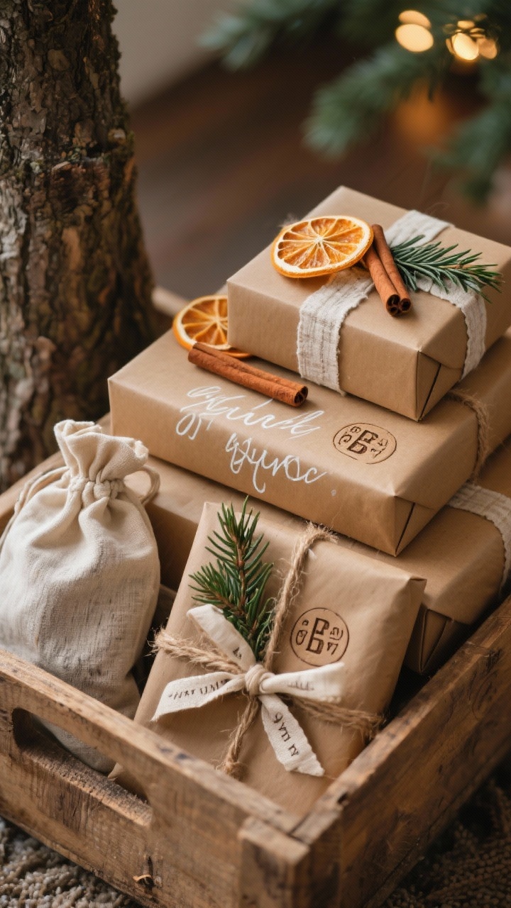 A photorealistic closeup of rustic gift wrapping that doubles as decor: kraft paper boxes, muslin bags, and brown paper packages tied with twine and linen ribbon; sprigs of cedar tucked under bows; names stamped with alphabet stamps and a few written in white ink; topped with dried orange slices and cinnamon sticks; gifts stacked neatly inside a wooden crate by a tree base; soft ambient glow; angled detail shot.