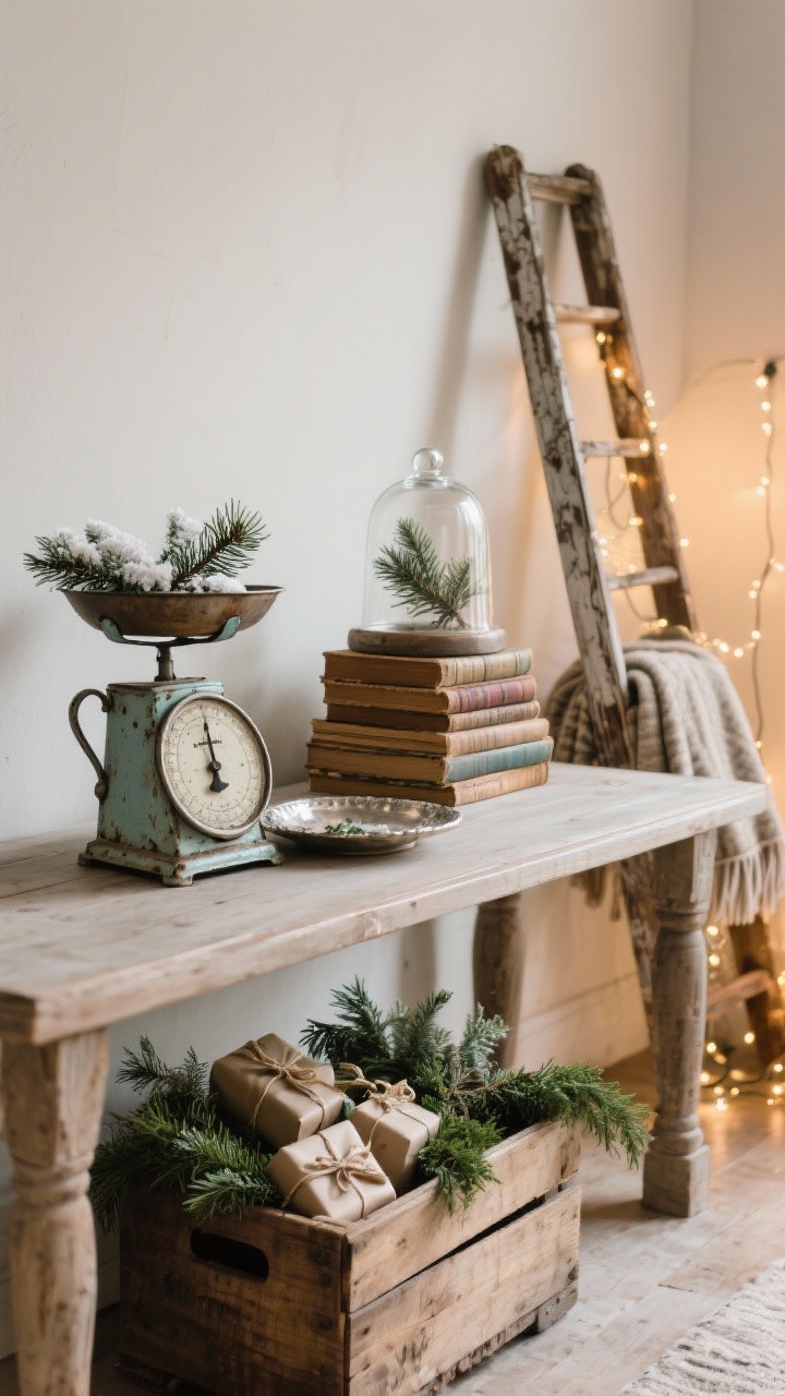A photorealistic medium shot of a console styled with vintage rustic finds: an antique scale, enamel pitcher holding winter greens, a tarnished silver tray, and a wooden crate filled with wrapped gifts and greenery; a stack of old books topped with a glass cloche protecting a pine sprig; a weathered ladder in the background with folded blankets and twinkle lights; warm, nostalgic lighting; three-quarter angle.