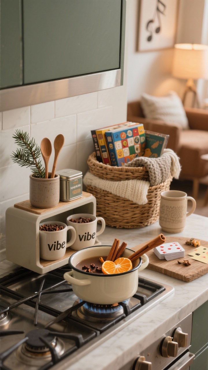 A photorealistic medium shot of a cozy “vibe” station: a simmering stovetop potpourri setup with orange peels, cloves, cinnamon sticks, and a pine sprig in a simple pot; a hot cocoa station styled with ceramic mugs, cocoa tins, and wooden spoons; a woven basket stacked with board games, knit throws, and a deck of cards; soft acoustic-jazz ambiance implied; warm, intimate lighting; three-quarter angle capturing all elements.