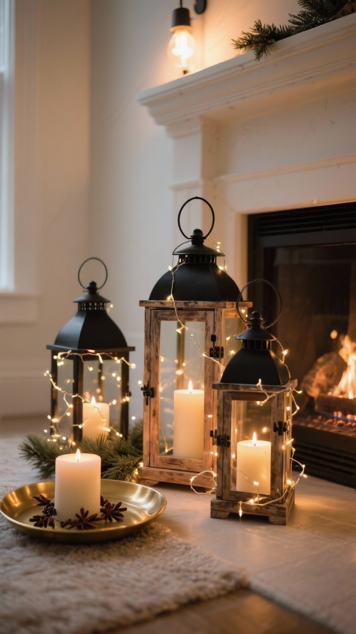 A photorealistic medium shot of a glowing lantern vignette by a fireplace: trio of black metal and weathered wood lanterns with a mix of unscented pillar candles and subtle pine/clove-scented candles; tiny fairy light strands intertwined around them; candles set on brass trays to reflect warm light; overhead lights dimmed for a cinematic, holiday movie ambiance; angled from hearth level.