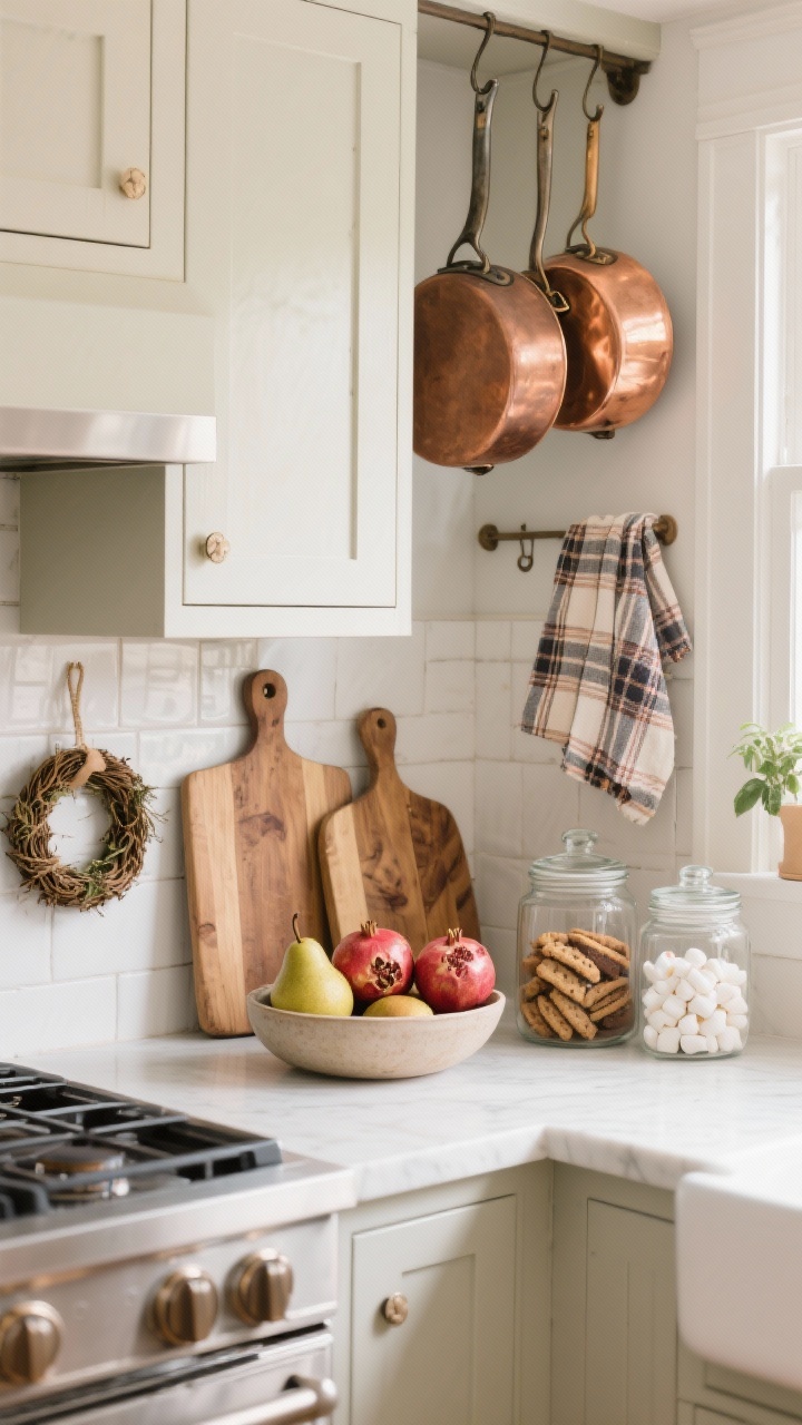 A photorealistic medium shot of a kitchen corner with bake-shop vibes: copper pots hanging, layered wood cutting boards propped against a backsplash, a plaid tea towel draped over one board; mini wreath hung on a cabinet door; glass jars filled with biscotti, cocoa mix, and marshmallows on the counter; a simple bowl of pomegranates and pears as an edible centerpiece; bright, cozy daylight; straight-on composition.