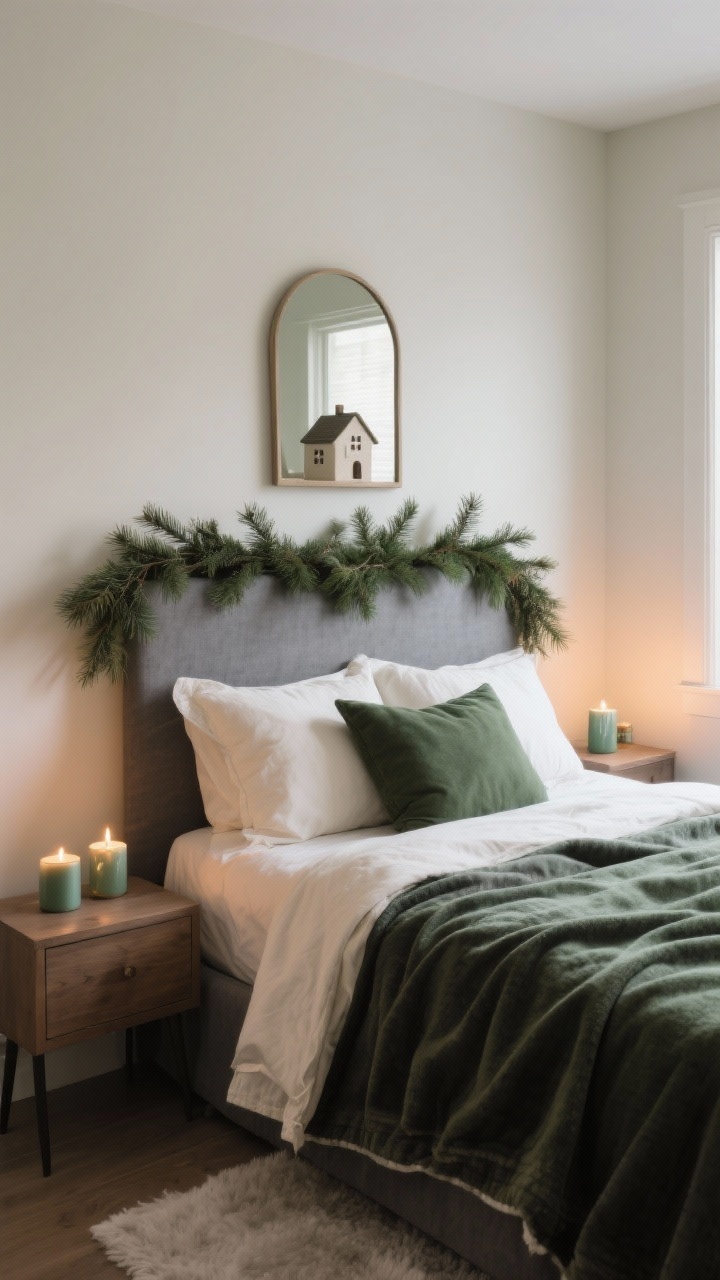 A photorealistic medium shot of a serene bedroom retreat: flannel or linen bedding in winter tones of cream, charcoal, and forest green; a simple cedar garland draped over the headboard or mirror; small ceramic house tealights on the nightstand casting a soft glow; gentle warm lighting with subtle pine/vanilla ambiance implied; calm, uncluttered mood; corner perspective.