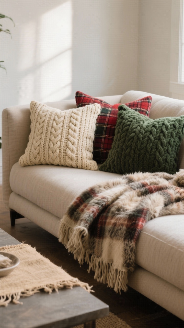 A photorealistic medium shot of a sofa corner layered with cozy textiles: cable-knit and plaid pillows in creams, cranberries, and forest greens; a faux fur blanket draped over the arm; a neutral linen/burlap table runner with frayed edges on a nearby coffee table; soft afternoon light emphasizing chunky knits, flannel, faux fur, and linen textures; corner angle for depth.