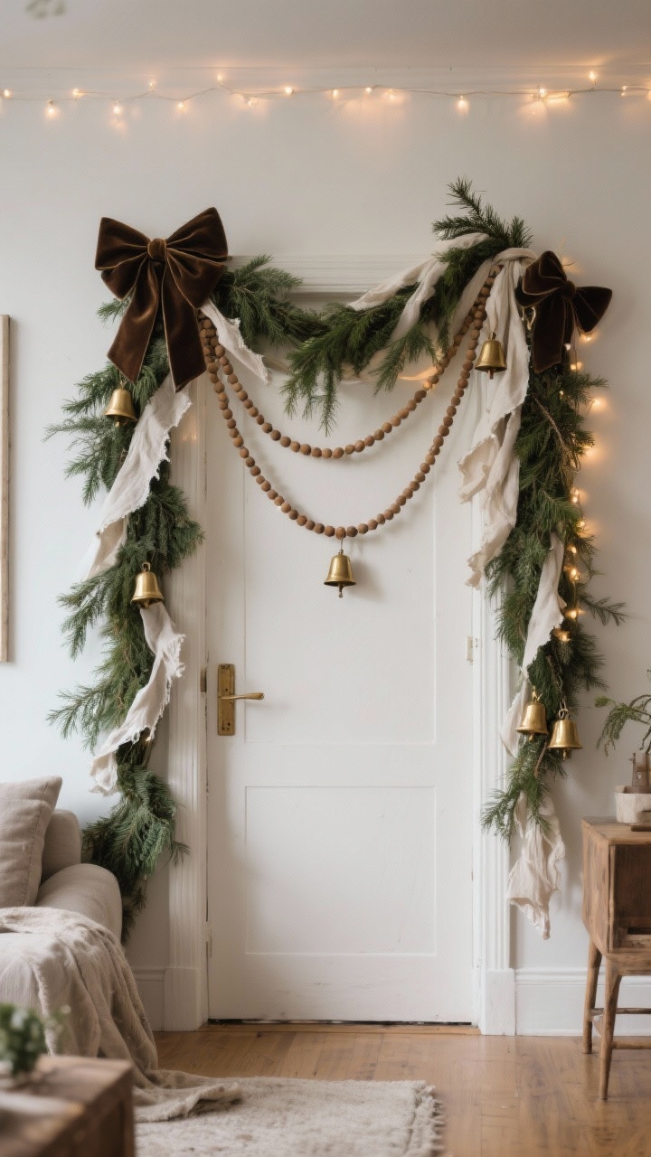 A photorealistic wide shot of a living room wall and doorway layered with non-basic garlands: a lush cedar garland draped loosely over a doorway, layered with a wooden bead strand; torn linen strips and a few velvet bows for softness; tiny brass bells attached so they jingle; ends falling naturally for an effortless look; warm fairy lights integrated; straight-on, capturing length and drape.