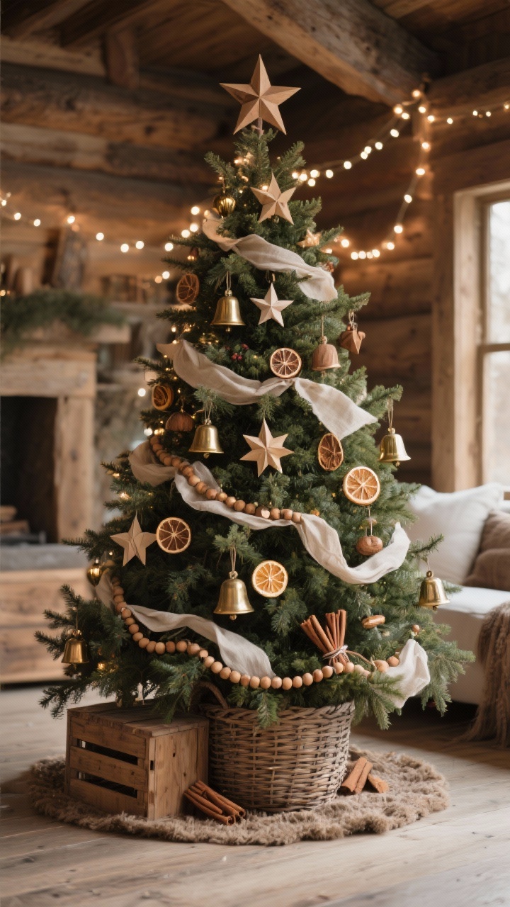 A photorealistic wide shot of a rustic Christmas tree styled earthy and elegant: wooden ornaments and brass bells, paper stars/origami shapes, dried citrus slices and cinnamon bundles; cascading linen ribbons and wood bead garlands; a woven basket or wooden crate tree collar replacing a skirt; palette of wood, soft metals, and natural tones; warm white lights; cozy cabin mood; straight-on view capturing full height of the tree.
