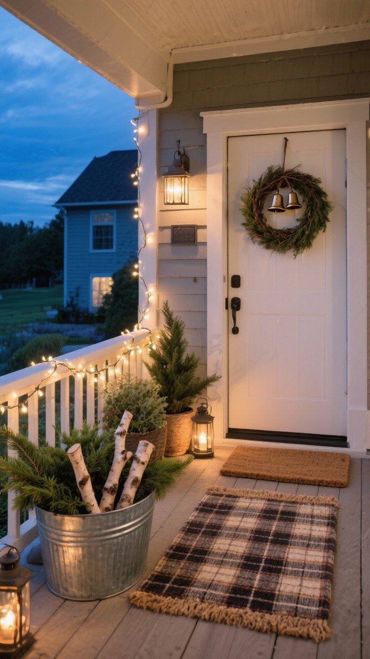 A photorealistic wide shot of an outdoor rustic balcony/porch: evergreen planters mixed with LED lanterns and string lights wrapped around railings; a galvanized tub filled with greens, sticks, and birch logs; layered doormat duo—a plaid rug under a coir mat—at the door; a simple wreath with a couple of bells on the wall; evening blue-hour lighting with warm glows; straight-on exterior view.