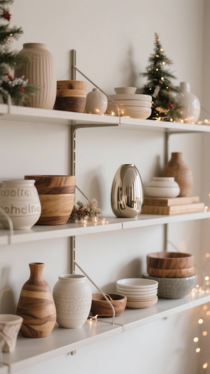 A straight-on medium shot of open shelves styled in a neutral holiday “shelfie”: 60/30/10 balance with mostly practical pieces, a few seasonal accents, and a touch of metallic. Grouped by material—ceramics together, wood together—for visual calm. Strategic negative space between items, subtle warm twinkle reflecting off a single metallic object.