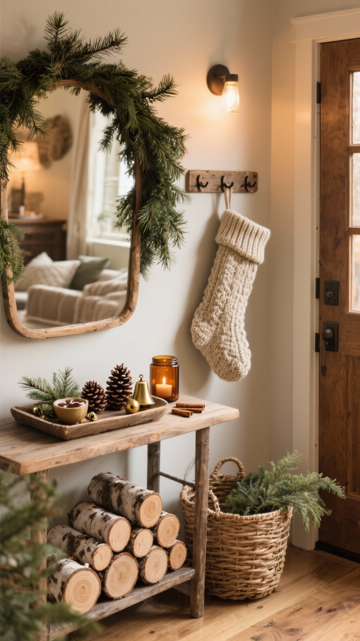 A warm, photorealistic medium shot of a woodland-inspired entryway: a pine/cedar garland draped over a console mirror, a basket by the door stacked with birch logs and round wood slices, a chunky knit stocking hanging from a vintage peg rail, and a rustic tray styled with pinecones, small brass bells, and an amber glass candle jar; add a tiny bowl of jingle bells and cinnamon sticks on the console; soft warm lighting with a cozy “hot cocoa inside” vibe; textures: raw wood, knit, natural greenery; straight-on perspective.