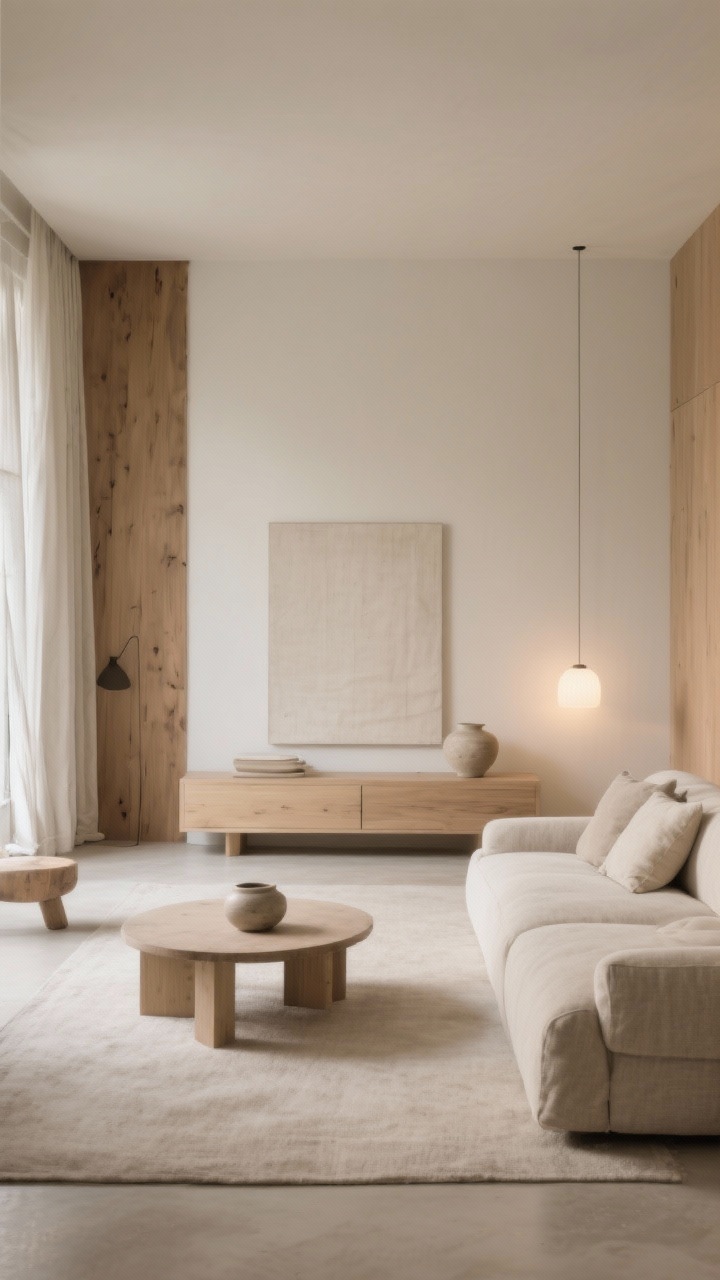 A wide room shot showcasing edited, breathable neutral decor: a calm living space with a tight palette, varied heights and textures (wood, linen, ceramic), and intentional negative space. One or two accents removed for simplicity, resulting in a sophisticated, uncluttered feel. Gentle, warm ambient lighting that enhances serenity.