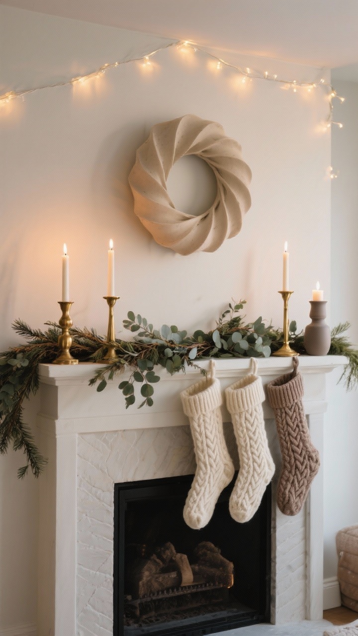 A wide, straight-on view of a calm, neutral mantel: an asymmetrical cedar/eucalyptus garland as the base, candlesticks in varied heights (brass and matte ceramic), linen and cable-knit stockings in cream and taupe, and above, a sculptural neutral wreath against a pale wall. Warm evening glow from candles and subtle string lights.