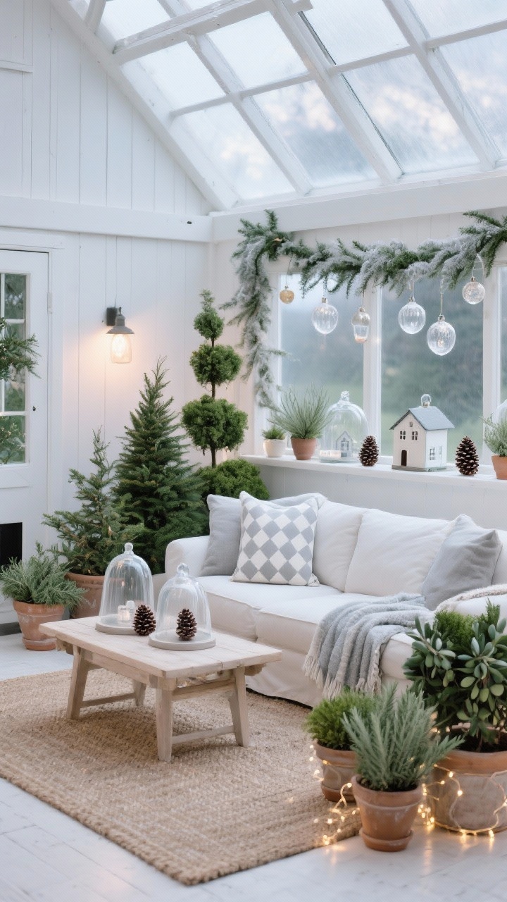 Airy sunroom wide shot, White Barn with Frosted Greens: white walls, bleached wood coffee table, slipcovered sofas; pale diamond jute rug; array of potted evergreens—Norfolk pines, rosemary trees, olive topiaries—with simple glass ornaments hanging from branches; frosted garland along the window ledge; clear glass cloches over pinecones and tiny village houses; throws in icy gray and ivory herringbone; micro fairy lights woven through planters; dusk lighting, peaceful greenhouse ambiance, photorealistic.