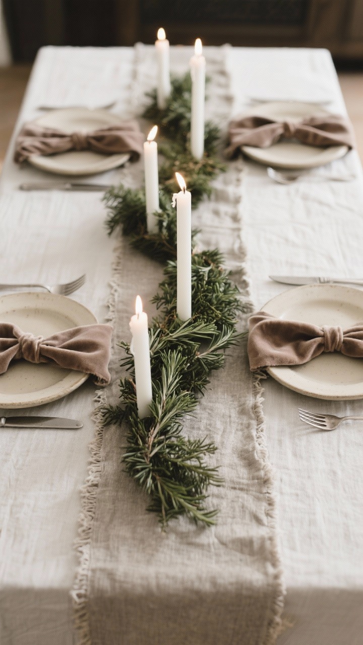 An overhead detail of a neutral holiday tablescape: a raw-edge linen runner in stone, a low greenery garland centerpiece intertwined with white taper candles, matte cream stoneware plates with brushed flatware, and napkins tied with taupe velvet ribbon and a sprig of rosemary. Warm white candlelight and soft ambient illumination for a serene mood.