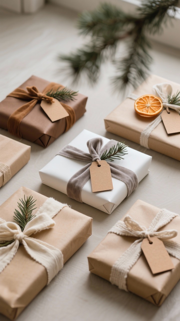 An overhead detail of gift wrapping that matches a neutral room: kraft paper packages in brown, white, and soft gray; ribbons in linen, velvet, and cotton twill in cream, taupe, and caramel tied neatly; kraft tags finished with a sprig of cedar or a dried orange slice. Soft natural light and a hint of tree bokeh.