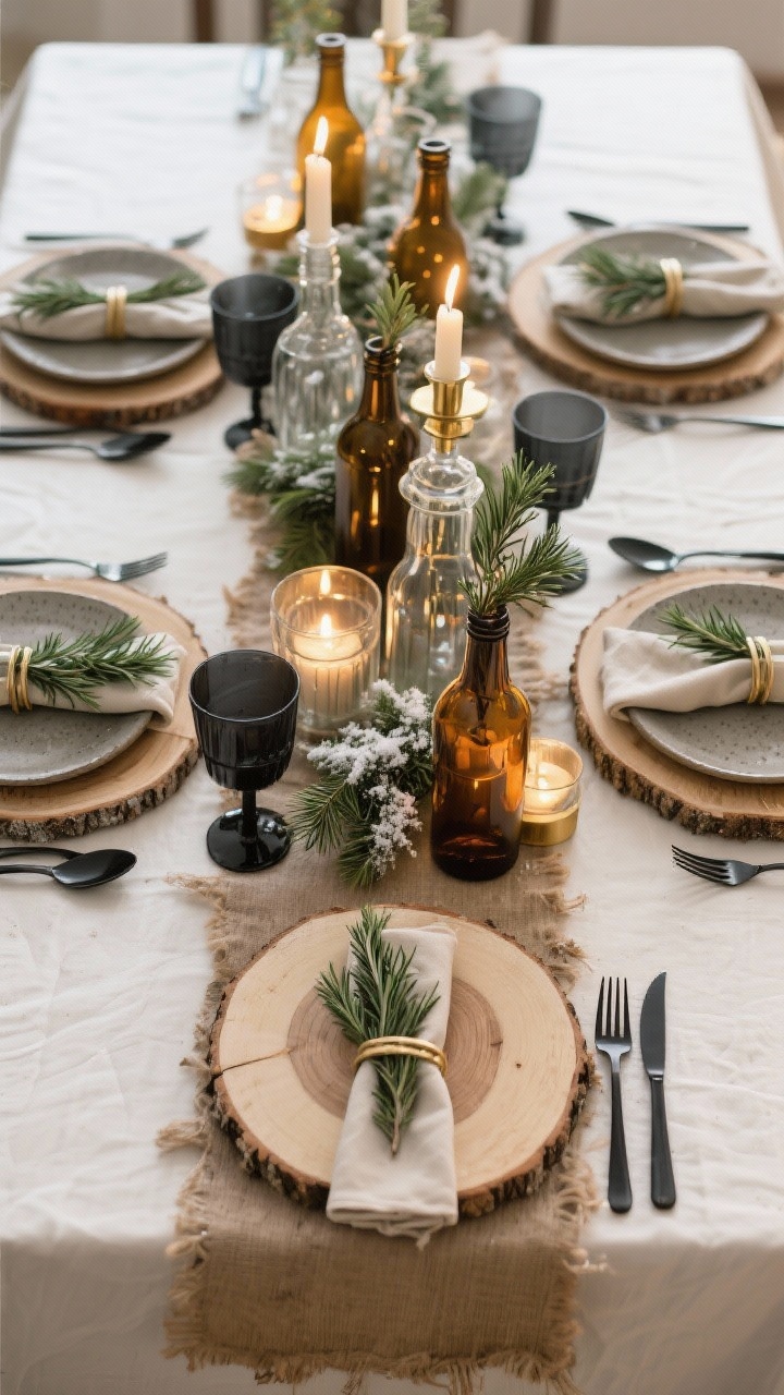 An overhead photorealistic detail of a woodland-inspired holiday table: raw-edge runner down the center; wood slice chargers under stoneware plates; matte black flatware; a sprig of rosemary tucked into each napkin ring; clusters of amber and clear glass bottles as bud vases with winter greens; restrained palette of cream, greens, charcoal, and brass accents; candlelit glow reflected subtly in glass.
