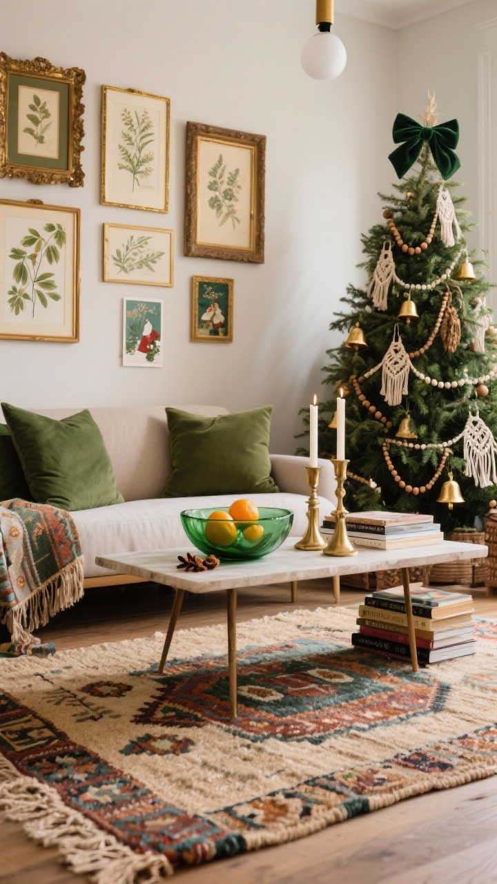 Boho living space medium shot: layered rugs with jute below and patterned kilim on top, low-profile sofa with earthy green cushions; gallery wall of vintage frames in varied antique gold finishes displaying botanical prints and holiday postcards; coffee table styled with a green glass bowl of citrus and cloves, brass candlesticks, and a stack of art books; Christmas tree with macramé ornaments, olive velvet bows, gold bells, and strands of wooden beads; soft ambient lighting, photorealistic.
