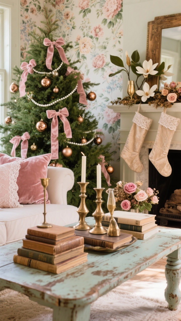 Closeup detail of a Blush-and-Bronze Cottage Salon vignette: distressed coffee table with stacked vintage books and bronze taper holders; soft green tree behind with blush velvet ribbons, bronze baubles, and pearl garlands softly bokeh’d; textiles include rose velvet pillows and lace-edged linen; floral wallpaper on one accent wall visible in the background; mantel accents of magnolia leaves, dried roses, and champagne-colored stockings suggested at the edge; warm, romantic afternoon light with gentle reflections on antiqued bronze.