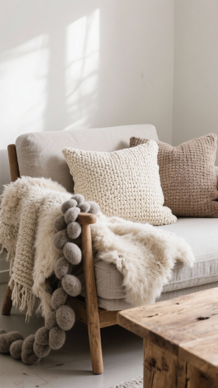 Closeup detail shot of layered Scandinavian textures on a sofa and chair: chunky knit pillows in cream, linen pillow covers in taupe, a faux sheepskin draped over an armchair, and a felted garland trailing on the edge; wool, linen, sheepskin, felt, and raw wood side table all visible; soft, diffused afternoon light emphasizing fabric weave and pile.