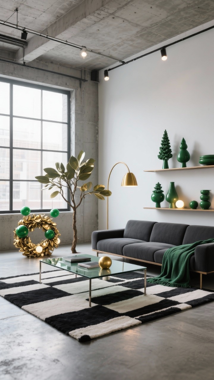 Contemporary loft wide shot: concrete floors, high ceilings, big windows; slim-profile charcoal modular sofa with an emerald throw; black-and-white rug under a glass coffee table; shelves with matte green ceramic trees, brushed gold arc floor lamp, and a statement wreath of gold metal leaves; minimal tree with only green and gold spheres in varying sizes and warm white lights; crisp modern daylight, photorealistic.