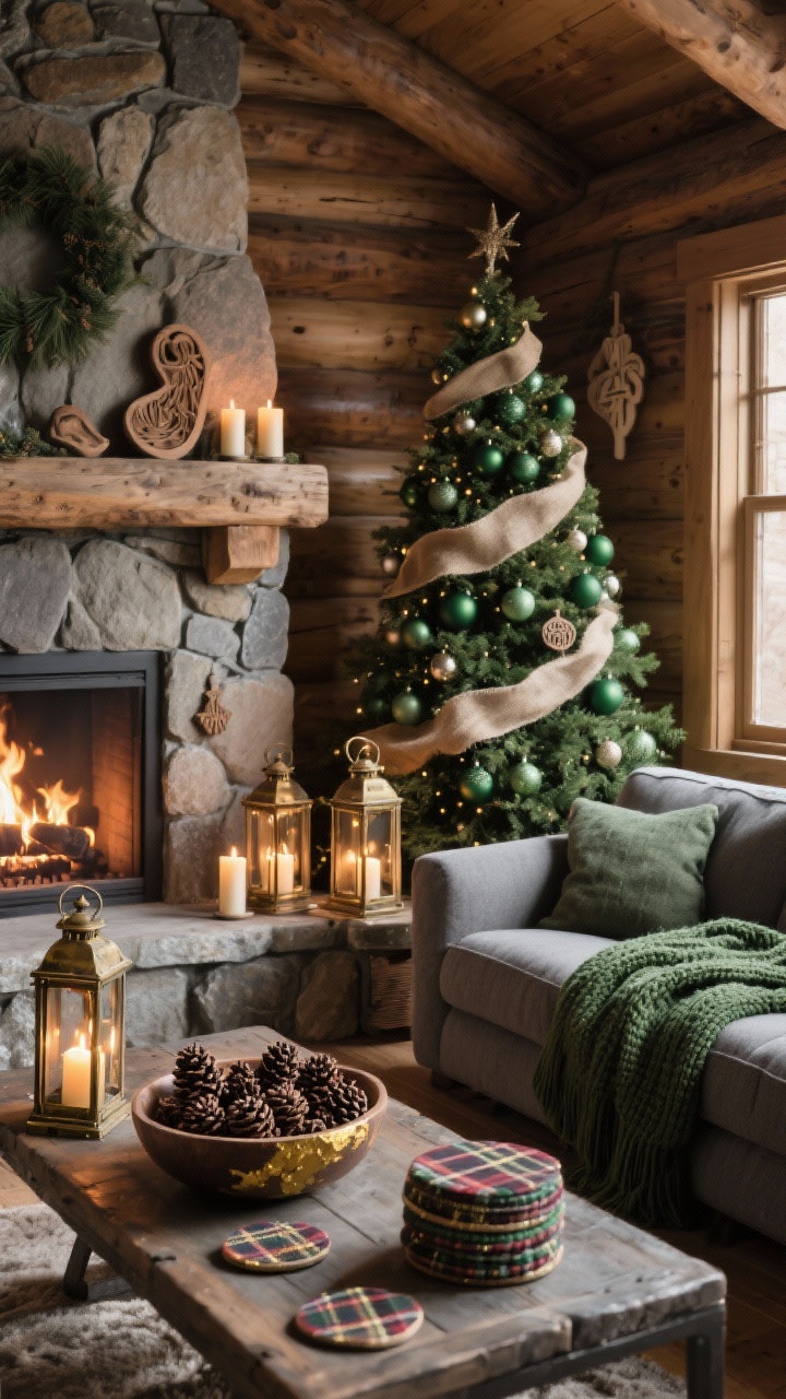 Cozy cabin den corner angle: stone fireplace and warm wood textures, heathered gray sectional draped with a moss-green knit throw; antique-style aged brass lanterns on the hearth with flickering LED pillar candles; rustic Christmas tree with burlap ribbon, matte forest-green baubles, and hand-carved wooden ornaments; coffee table with a bowl of pinecones lightly dusted with gold paint and a stack of plaid coasters; firelight glow, photorealistic.