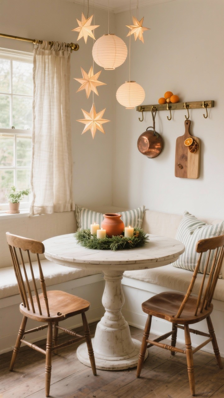Cozy dining nook medium shot, Artisan Farmhouse: round pedestal table tucked in a corner with a built-in bench layered in cream cushions and ticking stripe pillows; two spindle-back chairs; hand-thrown pottery centerpiece; cluster of star-shaped paper lanterns overhead at varying heights; on the table, a low cedar wreath and terracotta votives with beeswax tealights; palette of bone white, clay, sage, aged brass; flax linen cafe curtains; peg rail with a copper pot, cutting board, and dried oranges; intimate, warm glow.