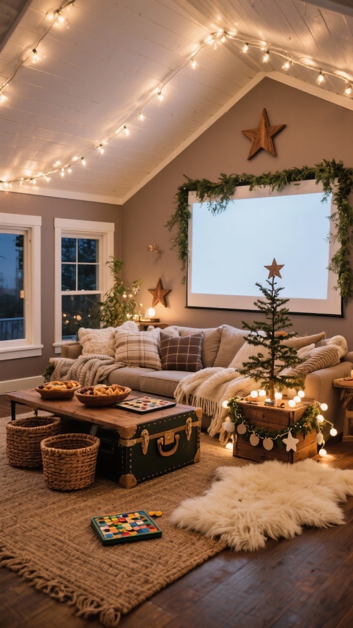Cozy wide shot of a Cozy Attic Movie Loft: low sectional piled with chunky blankets and flannel pillows beneath sloped ceilings lined with twinkle lights; trunk coffee table for snacks, woven baskets with board games; tabletop tree on a crate with felt garlands, wooden stars, and warm white lights; layered rugs—sheepskin over jute—softening the floor; walls in soft taupe with white trim; discreet projector screen framed by greenery; intimate, hygge evening ambiance.