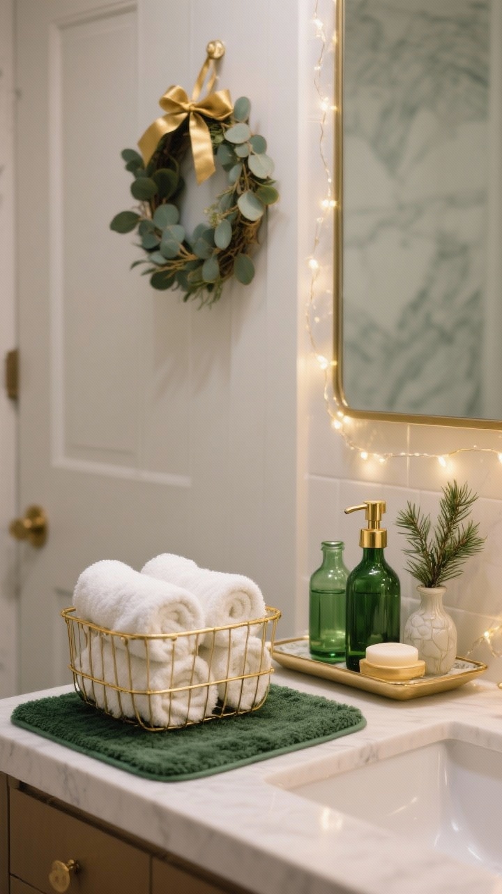 Detail closeup in a luxe bathroom: gold wire basket holding fluffy rolled white towels on a counter edge, deep green bath mat in soft focus; small eucalyptus wreath with gold ribbon hanging on the door; vanity tray with green glass apothecary bottles, a gold soap pump, and a tiny vase of cedar sprigs; a strand of battery fairy lights softly glowing around the mirror; clean spa-like ambiance, photorealistic.