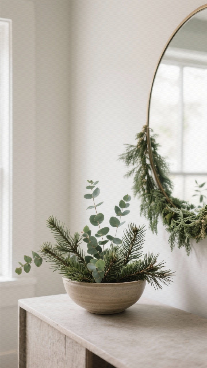 Detail shot of natural greenery accents: fresh sprigs of cedar, eucalyptus, and pine in a ceramic bowl on a side table and a simple garland draped over a wall mirror; mix real and faux stems for fullness; subtle, fresh look with soft daylight filtering in; neutral, modern styling with organic textures.