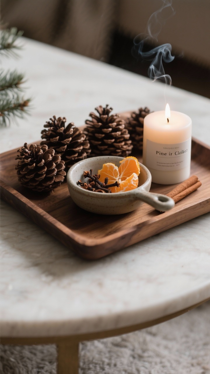 Detail shot of subtle, natural holiday scents arranged on a wooden tray: a small saucepan or ceramic bowl with orange peels, whole cloves, and a cinnamon stick; a cluster of pinecones lightly anointed (implied) beside a single minimalist candle labeled pine or cedar; restrained palette, cozy evening glow, no heavy smoke.
