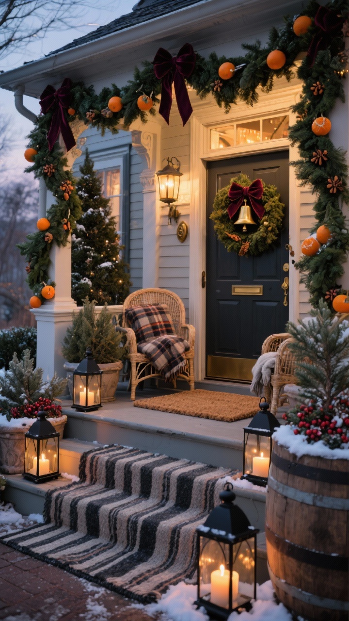 Dusk exterior medium shot of an Old-World Porch With Lantern Glow: Victorian porch draped with thick garlands around the door, studded with dried oranges, clove pomanders, and velvet bows; steps lined with black metal lanterns holding real or LED candles; wicker chairs with wool plaid throws; half-barrel tree beside the door; coir doormat layered over a striped rug; grand evergreen wreath with trailing ribbon and brass bells on the door; winter planters of juniper, cedar, and winterberry; subtle bell chime implied, warm welcoming glow.