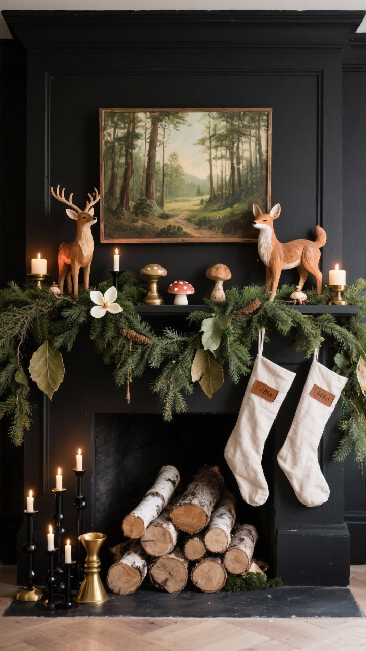 Fireplace-focused medium shot, Woodland Magic mantel: surround painted soft black; layered garland of cedar, pine, and magnolia leaves with drooping asymmetrical edges; woodland creatures—carved wood deer, ceramic foxes, small mushroom ornaments—nestled among the greens; birch logs stacked in the hearth; cluster of brass and black candleholders at varying heights; linen stockings with leather name tags; slightly off-center leaning vintage landscape painting; warm flickering candlelight, forest vignette mood.