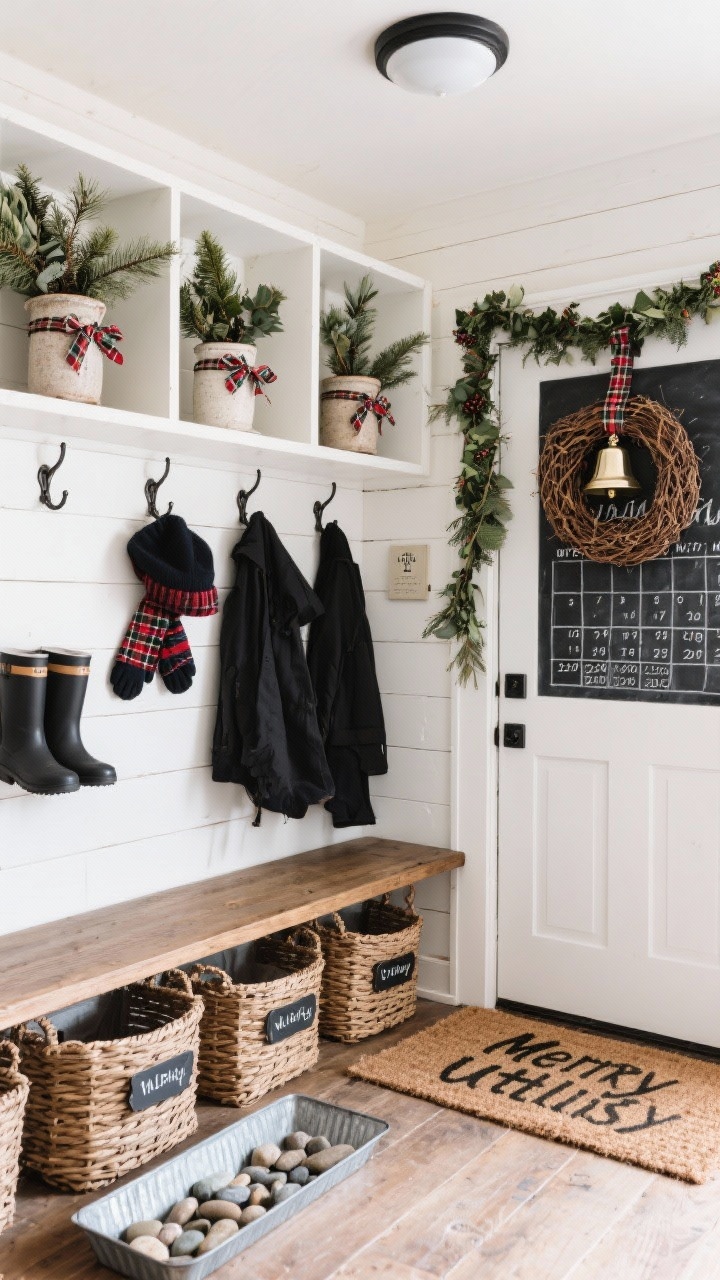 Functional mudroom wide shot, Merry Utility: shiplap walls, built-in bench, wicker baskets labeled for gloves and hats; black hooks with coats; coir mat with a cheeky holiday greeting; above cubbies, stoneware crocks filled with bundled pine, bay, and eucalyptus tied with plaid ribbon; woven wreath on the back door; bell garland draped across a peg rail; galvanized boot tray with river stones for drainage; chalkboard calendar for holiday events; schoolhouse flush mount lighting; tidy, bright, festive.