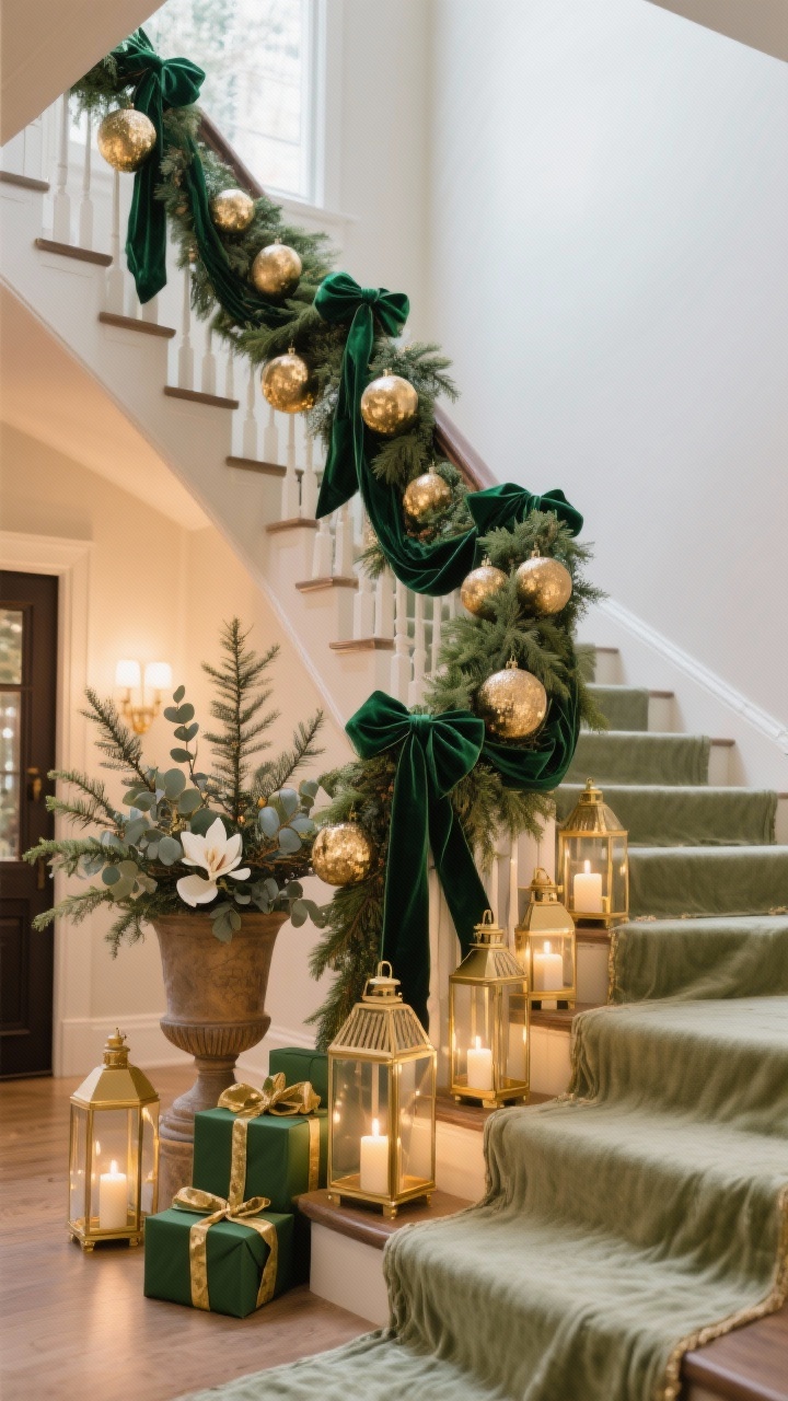 Grand staircase dramatic angle: thick cedar garland wrapping the banister, layered with cascading green velvet ribbon and oversized hammered gold ornaments nestled in the branches; base of stairs with mixed-height gold lanterns holding LED candles and a tall urn filled with pine, eucalyptus, and magnolia; soft sage runner on the steps; a few wrapped boxes in green and gold paper; warm foyer glow, photorealistic.