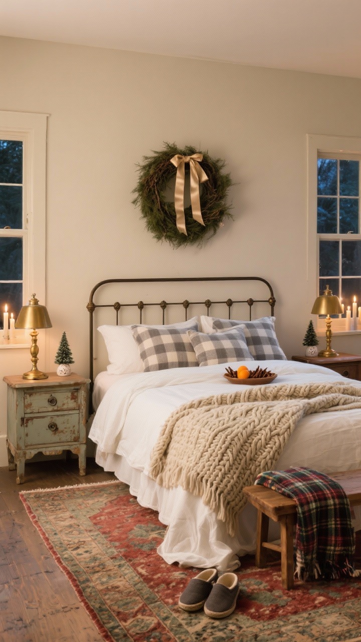 Intimate bedroom medium shot, Candlelight Farmhouse: warm putty walls, simple iron bed dressed in ivory linen sheets, flax duvet, chunky cable-knit blanket at the foot; above headboard a cedar wreath with champagne silk ribbon; mismatched vintage nightstands with brass lamps, tiny ceramic trees, and a dish of cloves and oranges; flannel buffalo check pillows in muted gray; low-pile Persian rug with faded reds and sages; battery taper candles in window sills casting a soft nighttime glow; small wood bench holding slippers and a folded tartan throw.