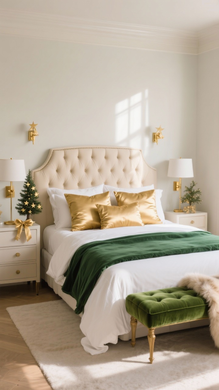 Medium bedroom scene: crisp white bedding with an emerald duvet folded at the foot, a cascade of satin gold pillows at the head; cream tufted headboard; petite gold sconce lamps with soft white shades above each nightstand; a petite tabletop tree on a dresser decorated with tiny gold stars and ribbon bows; green velvet bench at the foot and a soft faux-fur throw; warm, restful morning light, photorealistic.