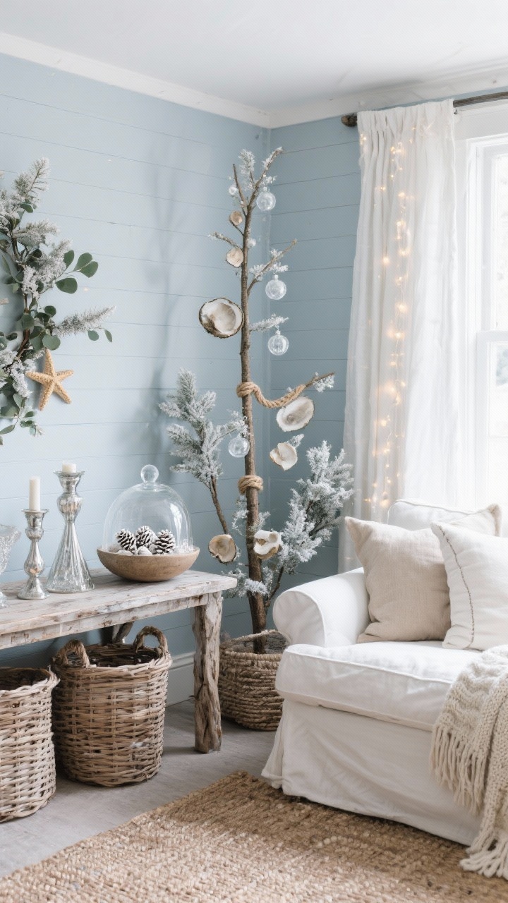 Medium corner view of a Frosted Coastal Cottage Den: soft blue-gray walls, white slipcovered loveseat with oatmeal linen pillows and knit throws; slim pencil tree decorated with clear glass baubles, oyster shells, and rope ribbon; weathered console layered with driftwood candlesticks, mercury glass, and a bowl of bleached pinecones; textures of rattan baskets, sisal rug, linen curtains; eucalyptus stems, starfish ornaments, snowy bottlebrush trees; soft fairy lights glowing under glass cloches; cool coastal daylight with a frosted shimmer.