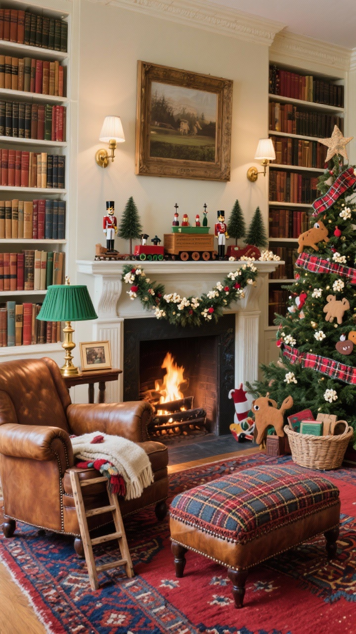 Medium fireside scene in a Library With Vintage Toys: floor-to-ceiling bookcases, rolled-arm leather chair beside a fireplace, needlepoint ottoman; mantel decorated with toy soldiers, wooden trains, and bottlebrush trees; Christmas tree with tartan ribbon, felt animal ornaments, and popcorn garlands; green banker’s lamp on a side table, brass picture lights spotlighting shelves; basket of classic Christmas books and wool throw over a ladder; deep red-and-blue rug grounding the space; crackling firelight ambiance.