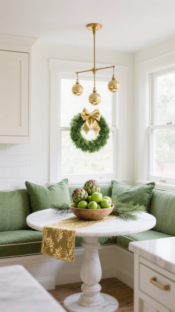Medium kitchen nook vignette: bright kitchen background with a breakfast banquette featuring green linen cushions; round pedestal table with a gold-threaded runner; centerpiece low bowl filled with artichokes, limes, and green apples tucked with cedar sprigs; window above the nook with a simple green wreath and a big gold bow; chandelier above with a trio of dangling gold pendant ornaments; fresh daytime light, photorealistic.