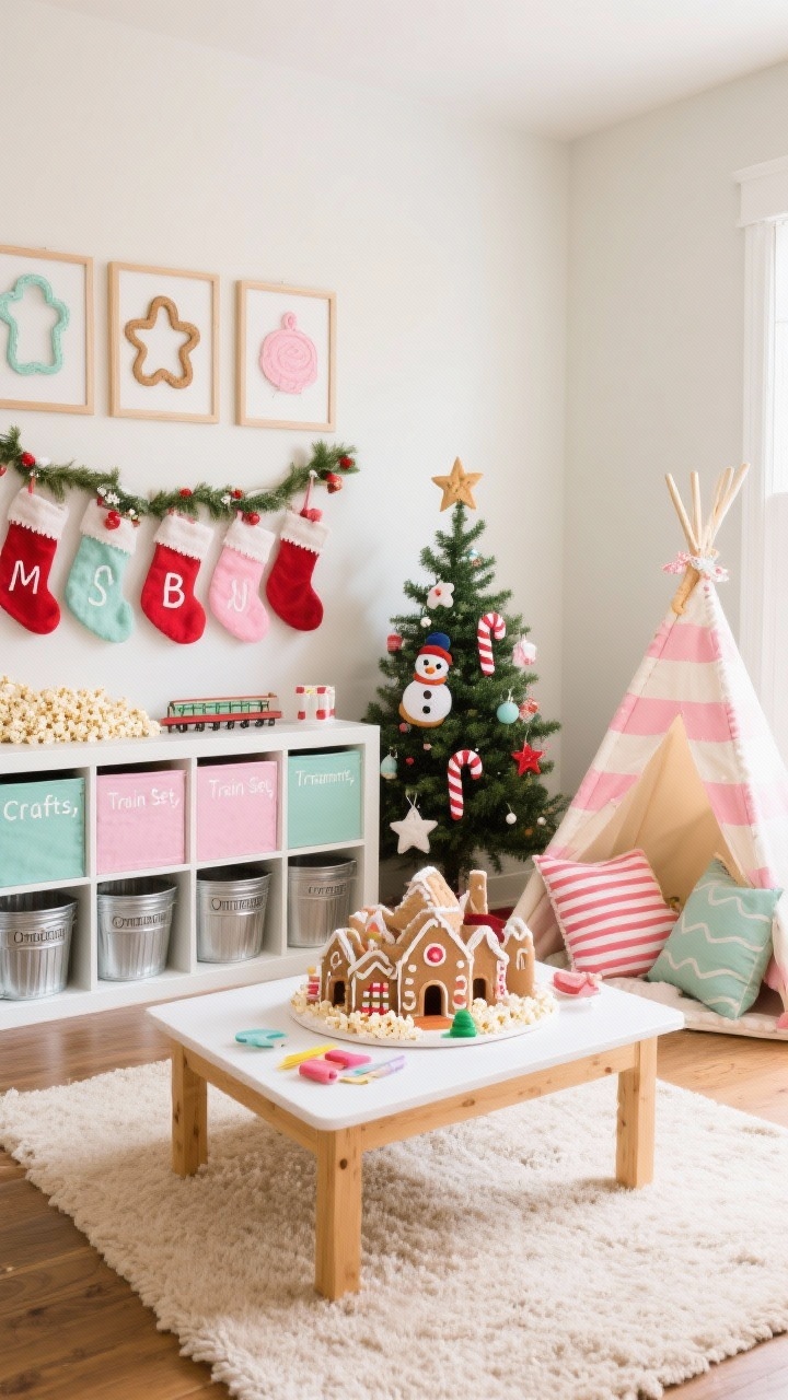 Medium playroom scene, Sugar Cookie theme: soft oatmeal rug, white storage cubbies, kid-height pine craft table centered with a gingerbread village; kid-sized tree decorated with felt ornaments (snowmen, stars, candy canes) and a popcorn garland; burlap stockings with each child’s initial painted in white; pastel red, bubblegum pink, mint, and cream palette; framed cookie-cutter shapes pressed into linen backing on walls; metal bins labeled “Crafts,” “Train Set,” “Ornaments”; peppermint stripe teepee stuffed with pillows; bright cheerful light.