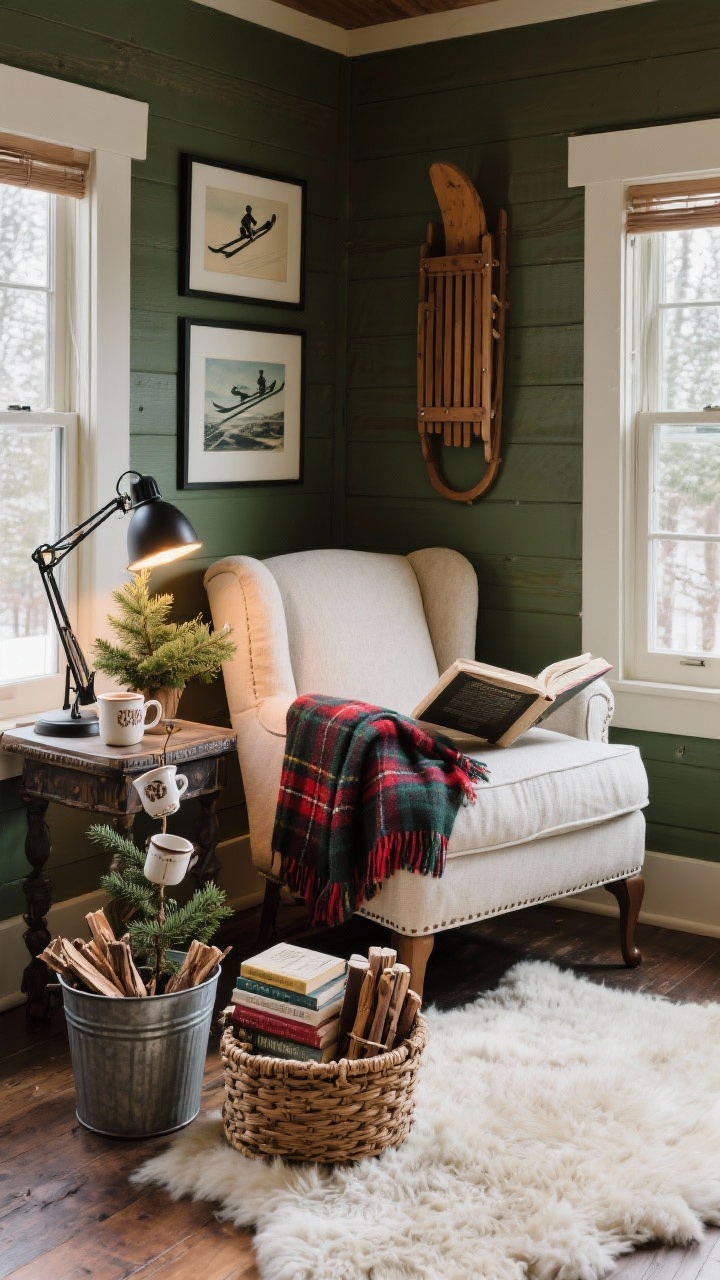 Medium reading nook corner, Cozy Cabin: slouchy armchair under a window with a tartan wool throw; narrow antique side table with a black metal task lamp and a mini potted fir; wall gallery of vintage ski prints and a wooden sled used as art; sheepskin rug on the floor; woven basket holding pine-scented fire starters and books; galvanized bucket with kindling and a ceramic mug tree with cocoa cups; palette of forest green, charcoal, cream, touches of cranberry; dimmable warm reading light.