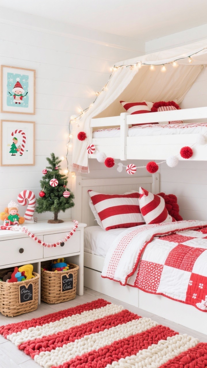 Medium shot of a Candy Cane Cottage Kids’ Room: white walls, striped red-and-white bedding layered with quilts and pom-pom pillows; felt garland over the headboard; mini tree on a dresser decorated with peppermint ornaments and paper chains; toy storage baskets labeled with chalk tags; string lights around a canopy/bunk frame; framed children’s holiday illustrations on the wall; braided wool rug in red and cream; cheerful, tidy, playful atmosphere.