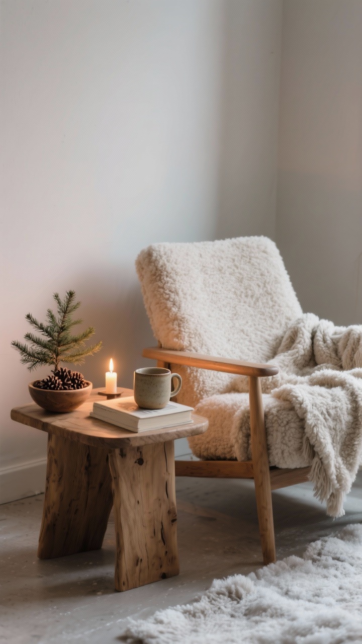 Medium shot of a cozy hygge corner: a lounge chair with a wool or faux shearling throw, low warm lighting from a candle on a small natural wood side table next to a ceramic mug and a book; a simple natural element—mini potted evergreen or a bowl of pinecones—nearby; neutral palette, soft shadows, serene winter retreat mood.