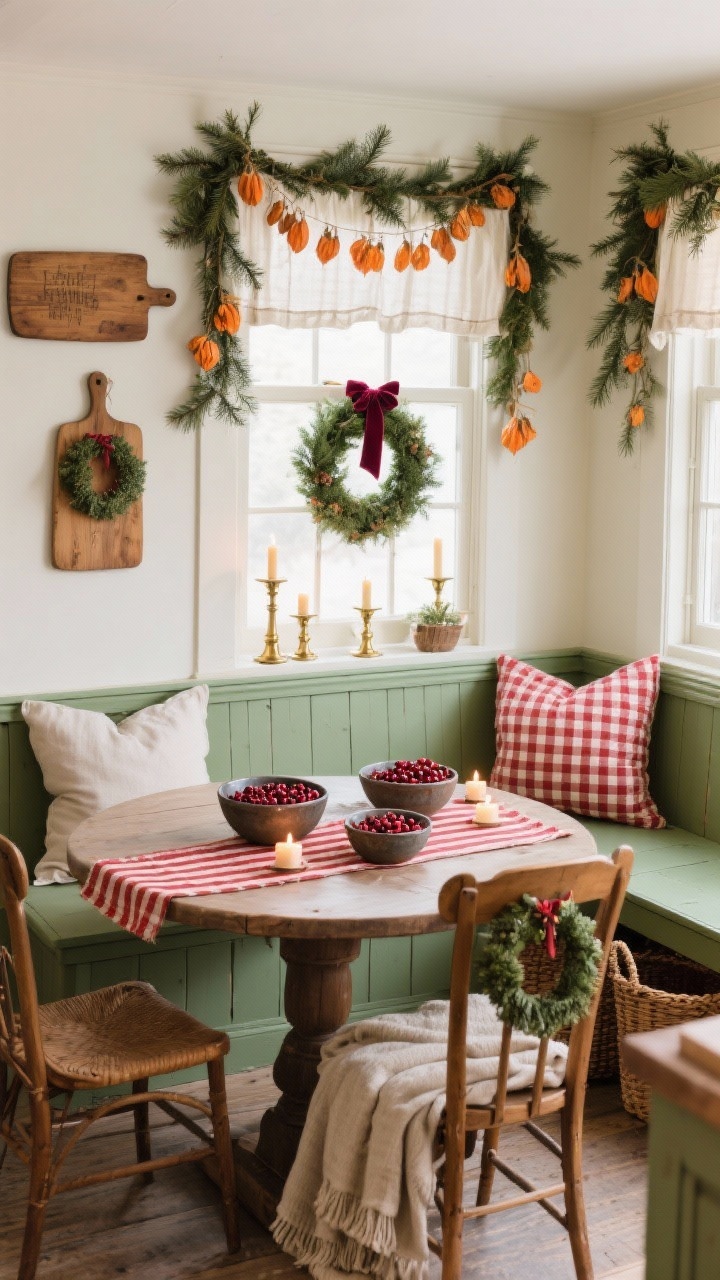 Medium shot of a Cranberry-and-Pine Kitchen Nook: built-in bench painted pine green with linen cushions and cranberry gingham pillows; round farmhouse table set with ironstone bowls filled with cranberries and tea lights on a red ticking stripe runner; dried orange garlands hung over a paned window, sprigs of pine clipped to café curtains; brass candlesticks, mini wreaths on chair backs; vintage cutting boards on wall and a single evergreen wreath with velvet ribbon; woven baskets with extra throws under the bench; cozy morning light.