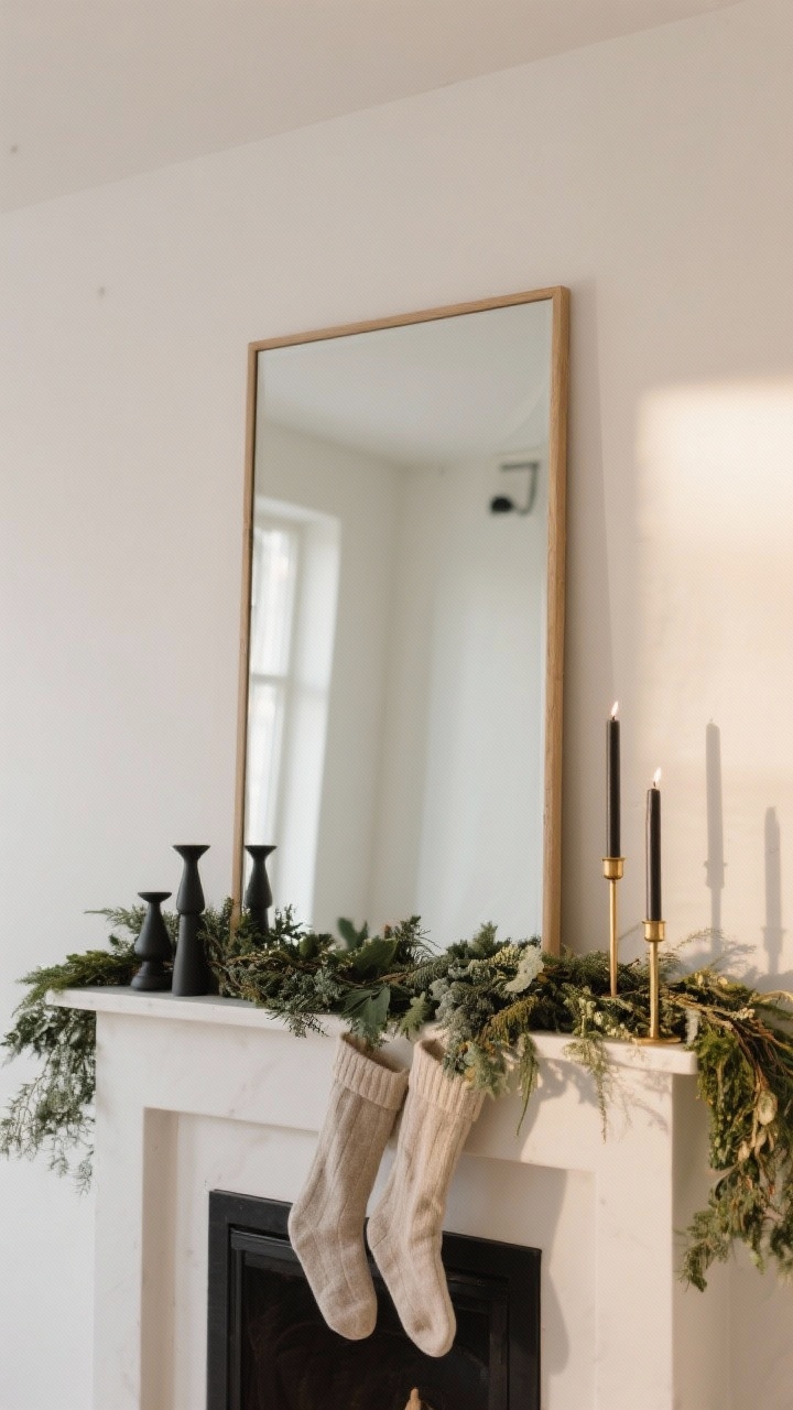 Medium shot of a curated Scandinavian mantel: a large clean-lined mirror as anchor, a loosely draped mixed greenery garland, matte black and brass candlesticks at varying heights, and two understated neutral stockings; negative space deliberately left along the shelf; soft warm lighting reflecting in the mirror.
