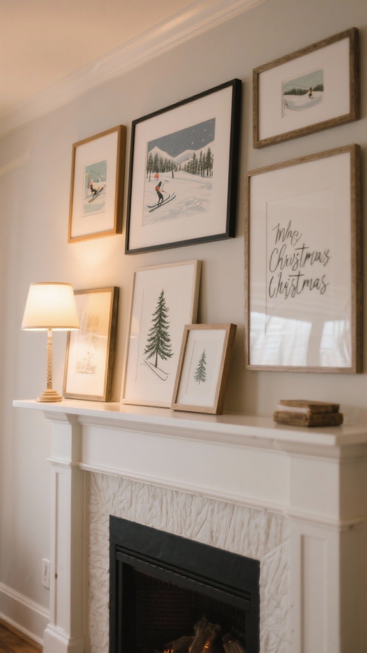 Medium shot of a gallery shelf and mantel art swap: existing frames now displaying printable holiday art—vintage ski scene, evergreen sketch, and simple winter typography—some frames hung, others leaning casually; subtle seasonal palette, warm lamplight highlighting the prints.